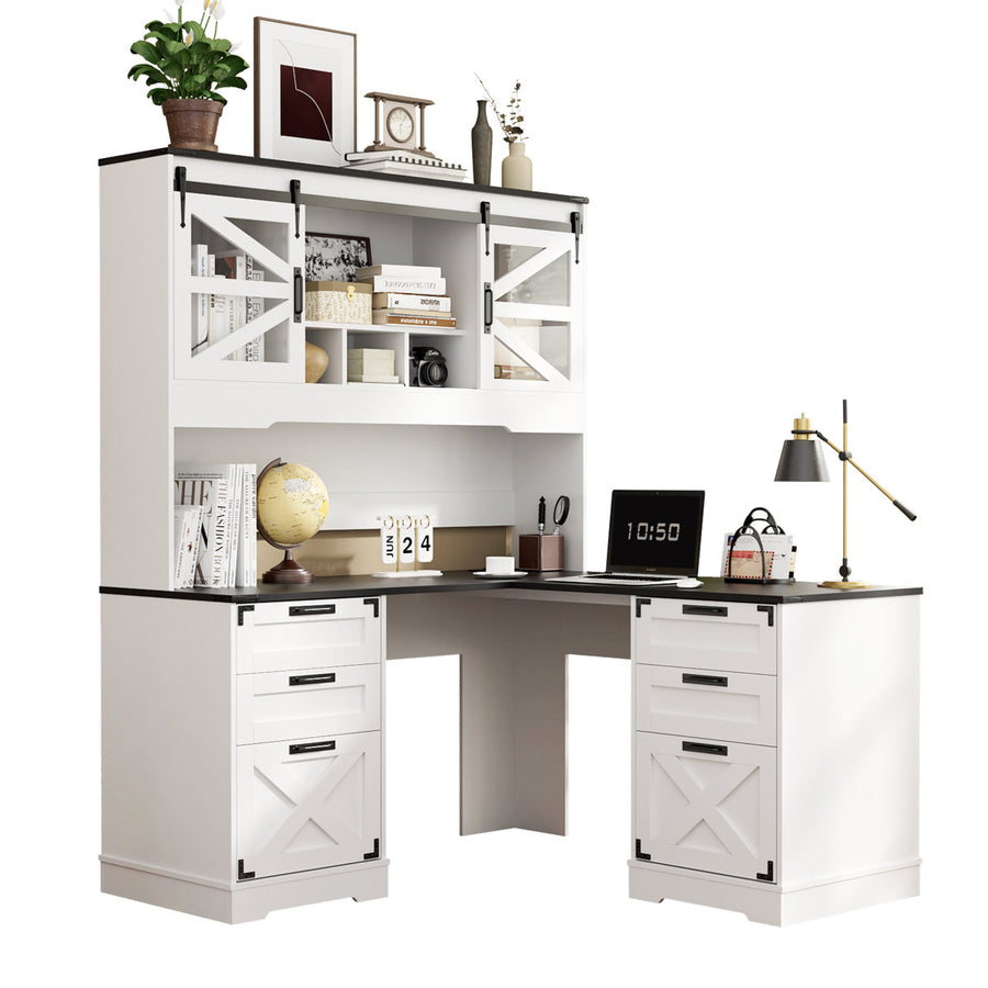 57" Farmhouse L Shaped Executive Desk With Drawers and Hutch, Home Office Corner Desk With Charging Station, White