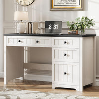 Farmhouse Executive Desk With 4 Drawers, Home Office Desk With File Drawer, Wood Computer Desk With Storage