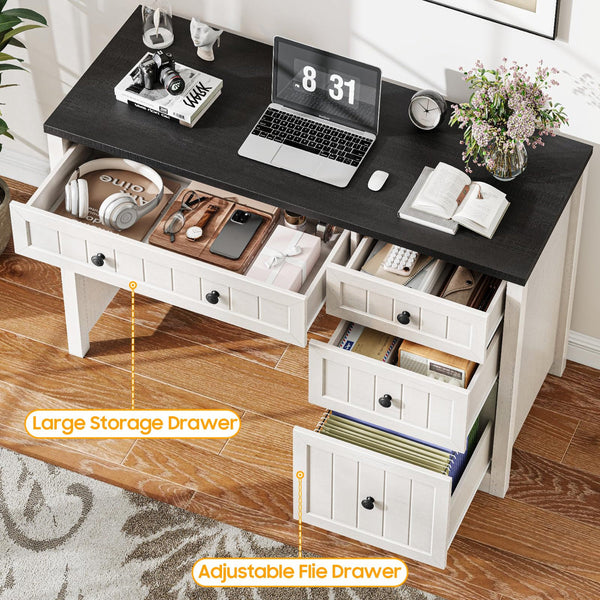 Farmhouse Executive Desk With 4 Drawers, Home Office Desk With File Drawer, Wood Computer Desk With Storage