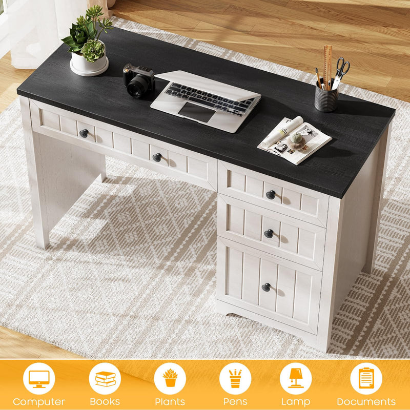 Farmhouse Executive Desk With 4 Drawers, Home Office Desk With File Drawer, Wood Computer Desk With Storage