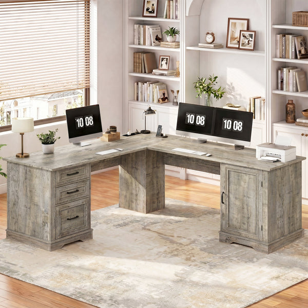 71" L-shaped Executive Desk With Power Outlets And File Drawer
