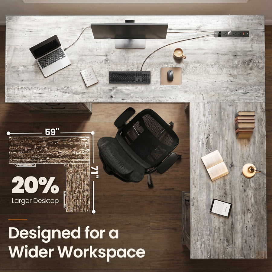 71" L-shaped Executive Desk With Power Outlets And File Drawer