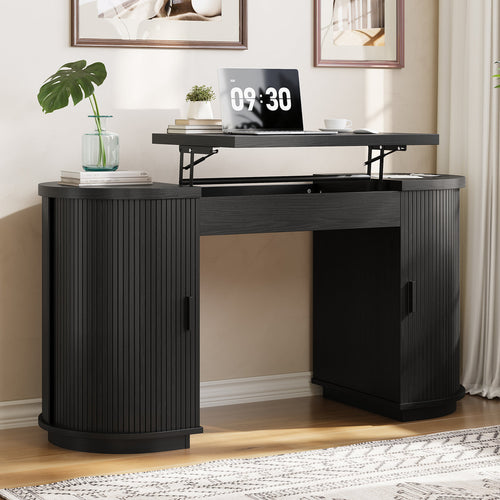 59'' Lift-Top Executive Desk with Power Outlet, Mid-Century Writing Desk with 2 Tambour Cabinet