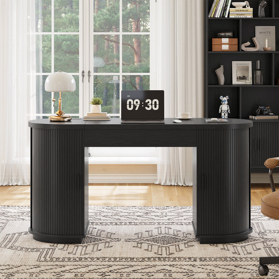 59'' Lift-Top Executive Desk with Power Outlet, Mid-Century Writing Desk with 2 Tambour Cabinet