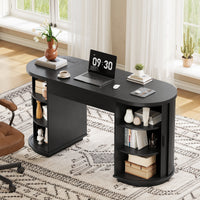59'' Lift-Top Executive Desk with Power Outlet, Mid-Century Writing Desk with 2 Tambour Cabinet