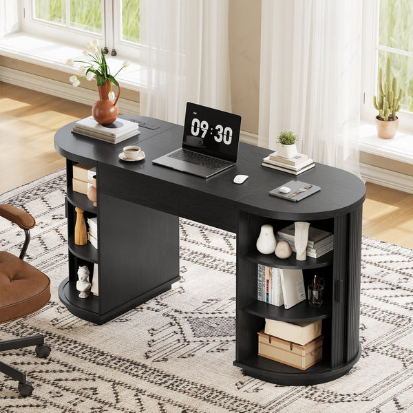 59'' Lift-Top Executive Desk with Power Outlet, Mid-Century Writing Desk with 2 Tambour Cabinet