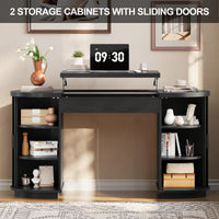 59'' Lift-Top Executive Desk with Power Outlet, Mid-Century Writing Desk with 2 Tambour Cabinet