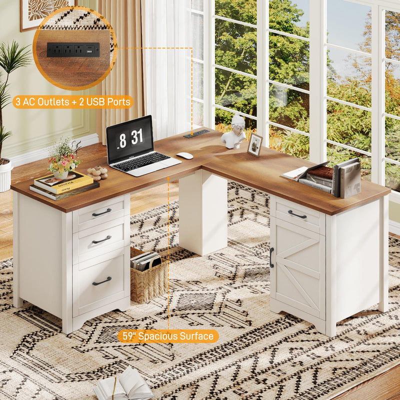 59” L Shaped Executive Desk With Power Outlets