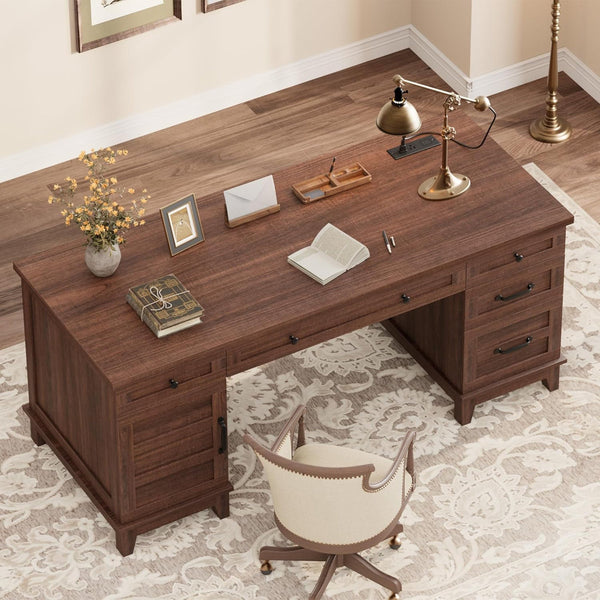 60" Wooden Home Office Desk with File Drawers, Executive Desk with Adjustable Cabinet