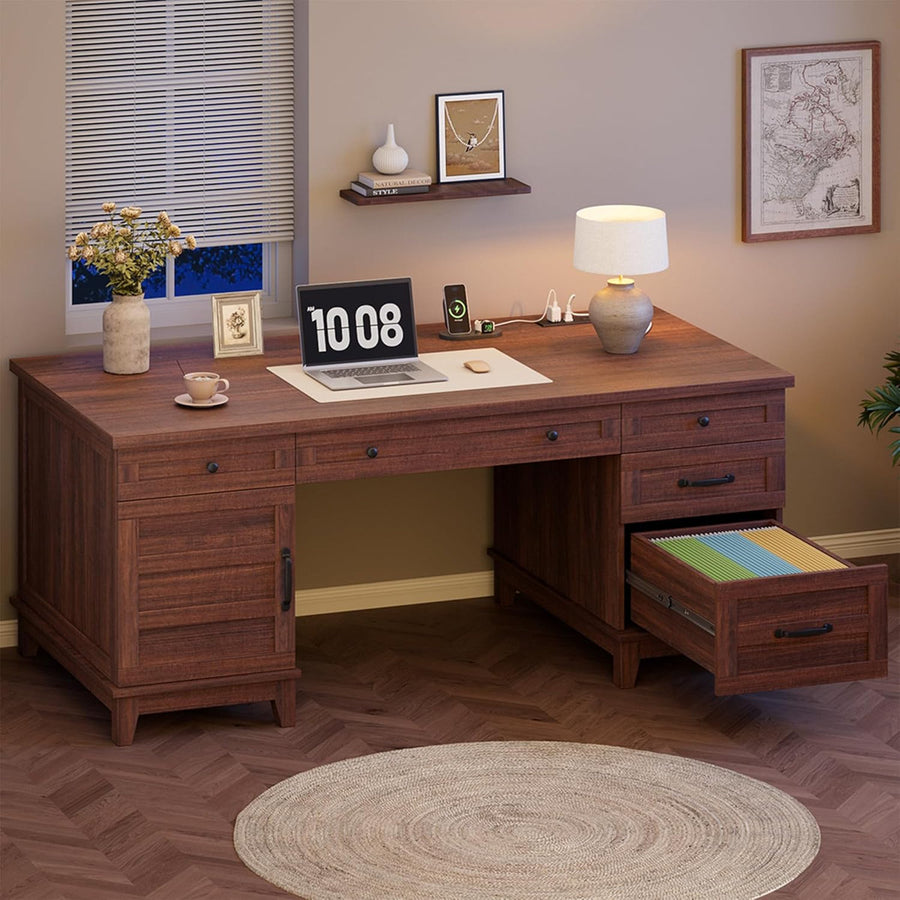 60" Wooden Home Office Desk with File Drawers, Executive Desk with Adjustable Cabinet