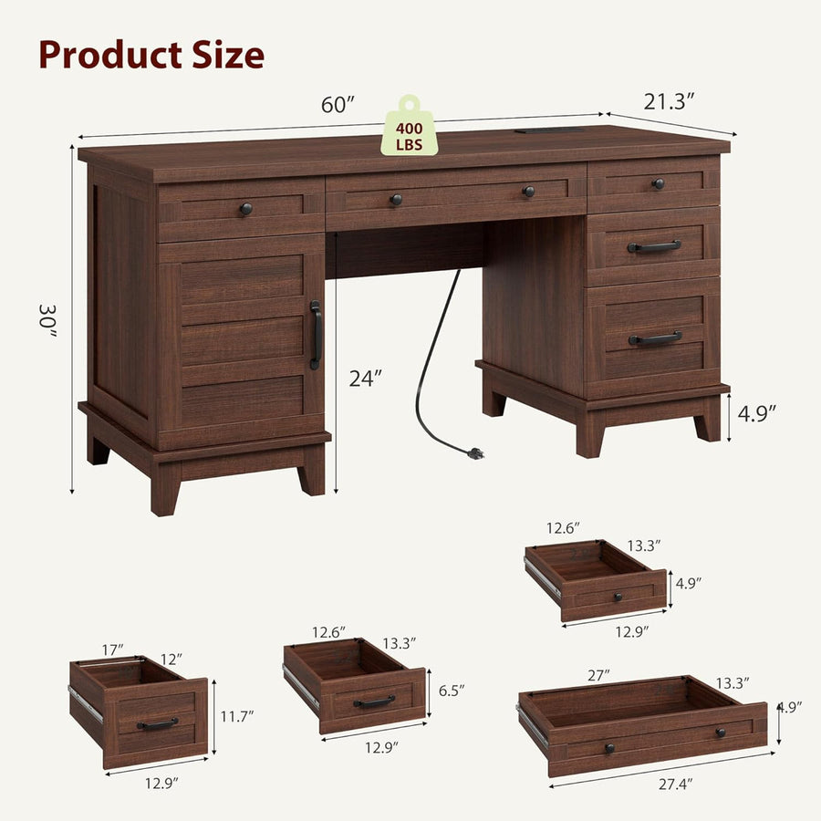 60" Wooden Home Office Desk with File Drawers, Executive Desk with Adjustable Cabinet