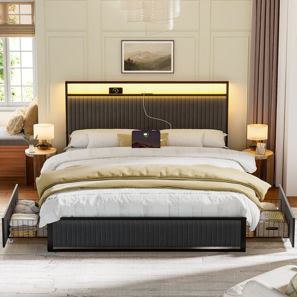 Antioch Upholstered Platform Bed with Drawer Storage & Charging Station