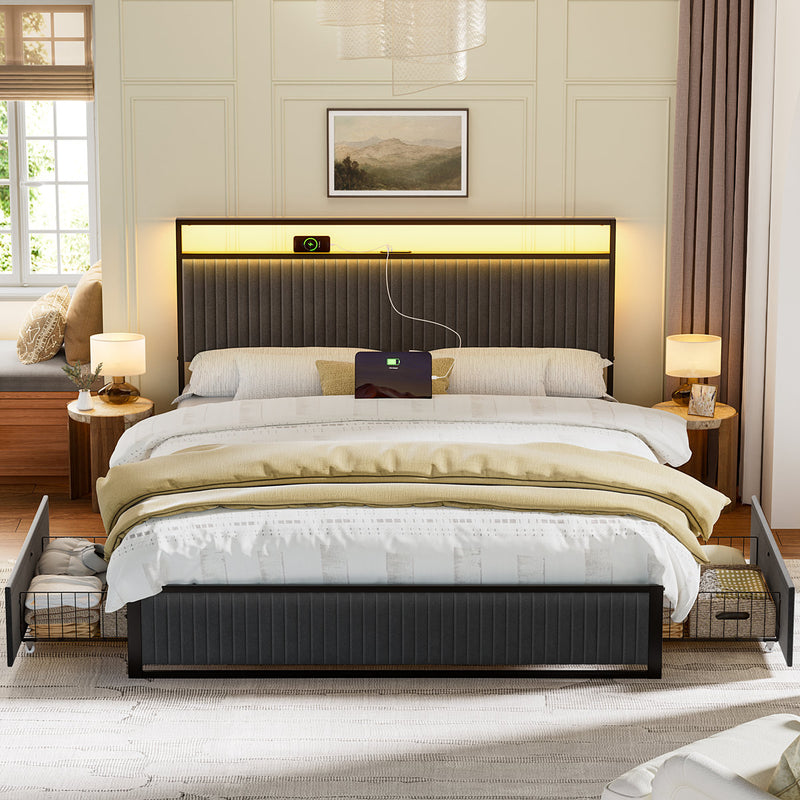 Antioch Upholstered Platform Bed with Drawer Storage & Charging Station