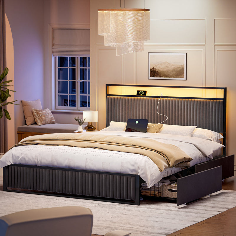 Antioch Upholstered Platform Bed with Drawer Storage & Charging Station