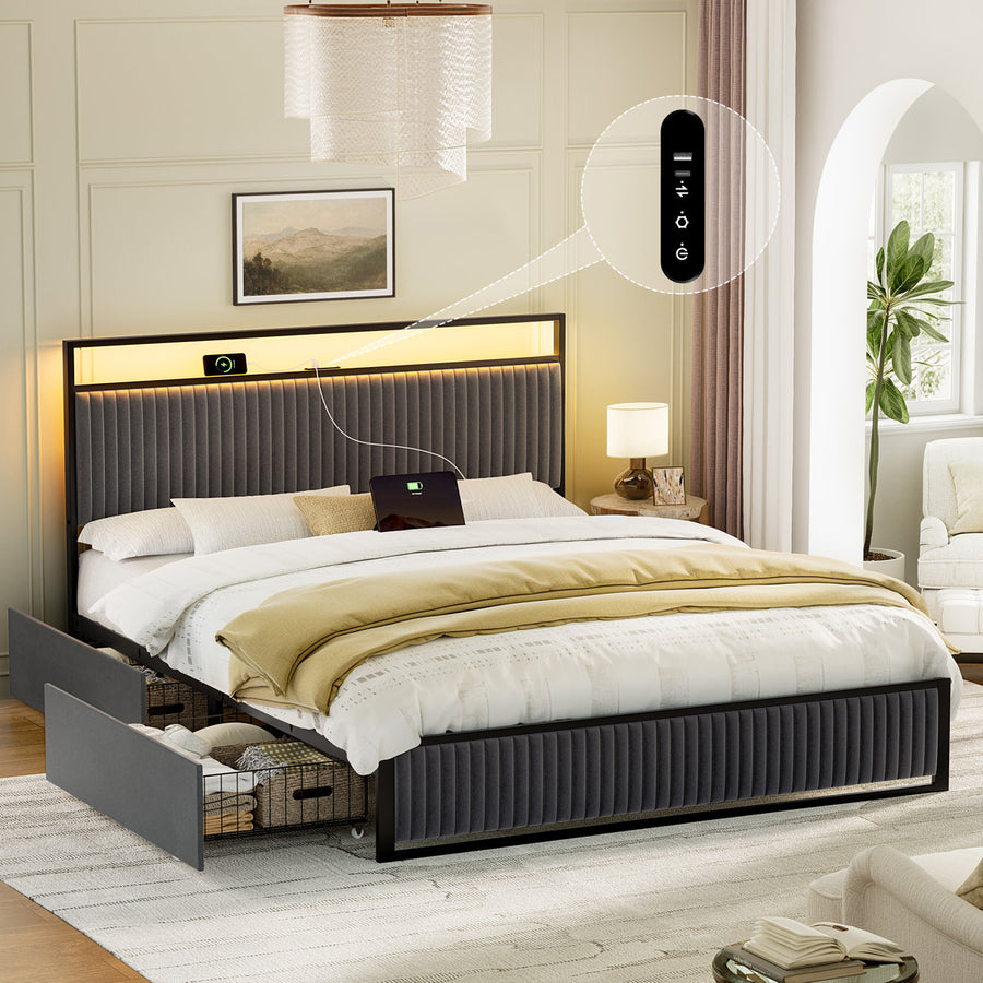 Antioch Upholstered Platform Bed with Drawer Storage & Charging Station