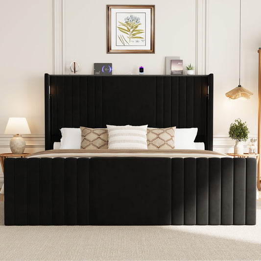 Velvet Upholstered Wingback Platform Bed