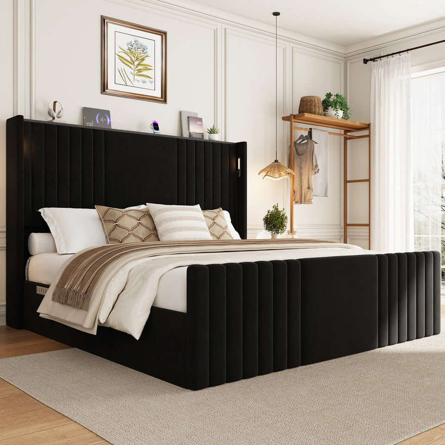 Velvet Upholstered Wingback Platform Bed