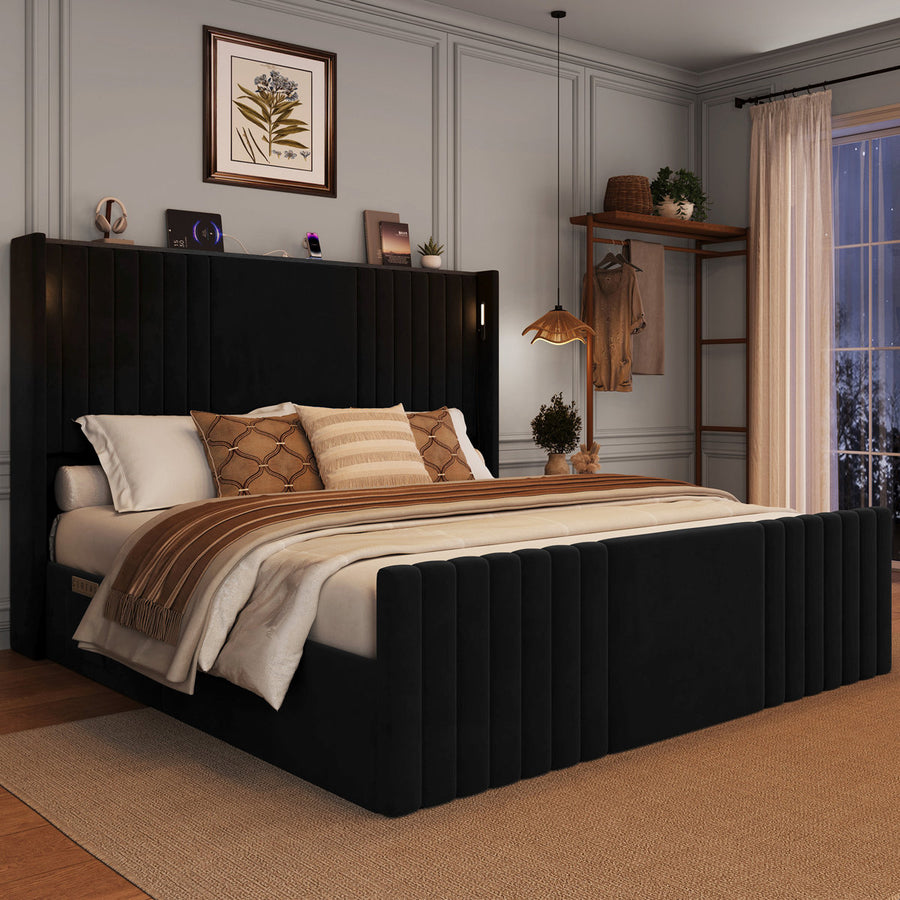 Velvet Upholstered Wingback Platform Bed