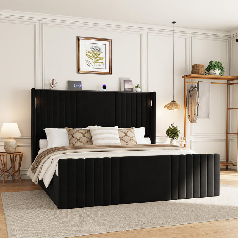 Velvet Upholstered Wingback Platform Bed