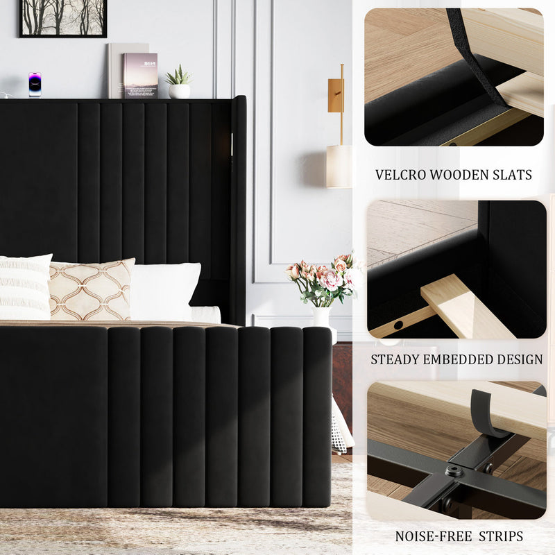 Velvet Upholstered Wingback Platform Bed