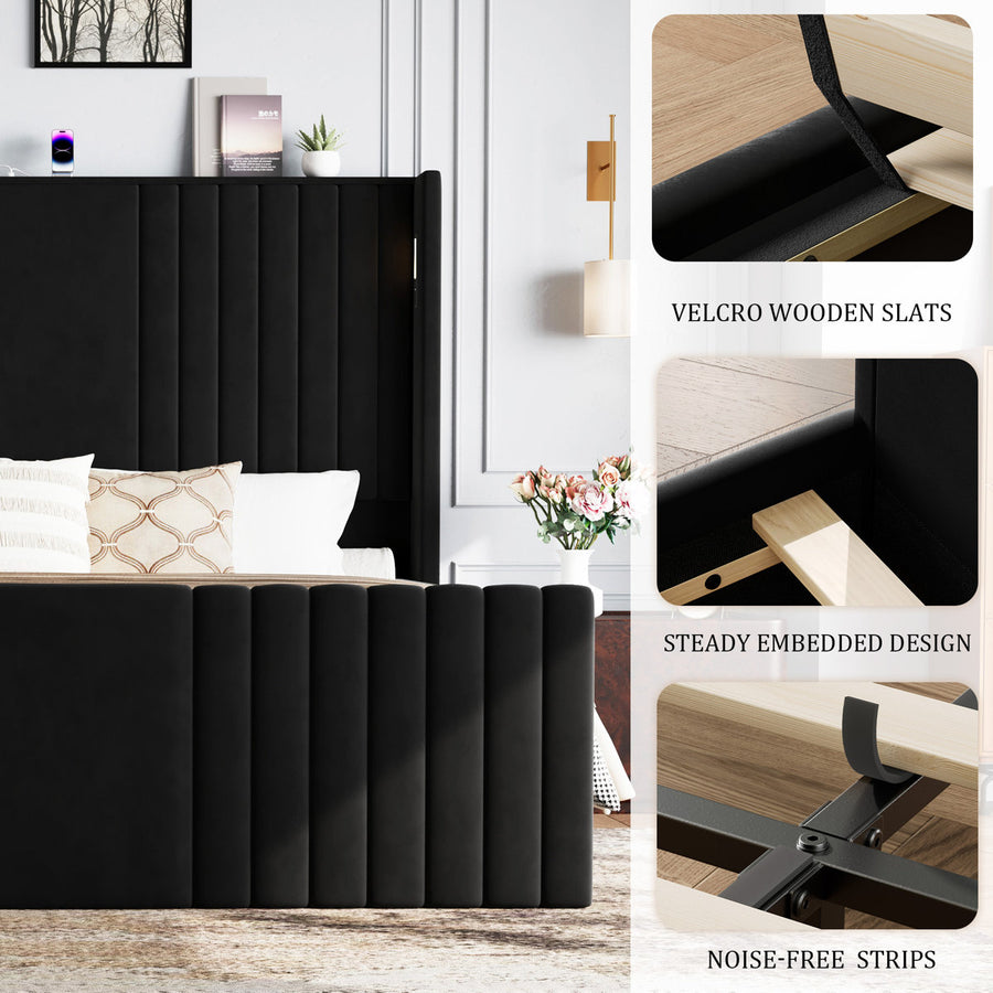 Velvet Upholstered Wingback Platform Bed