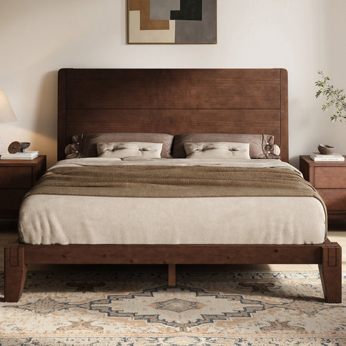 Solid Wood Full Platform Bed with Japanese Joinery & Panel Headboard, Walnut