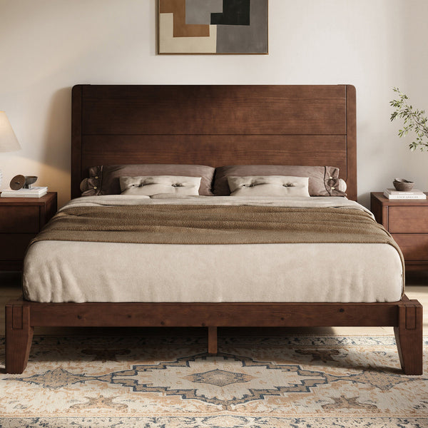 Solid Wood Full Platform Bed with Japanese Joinery & Panel Headboard, Walnut