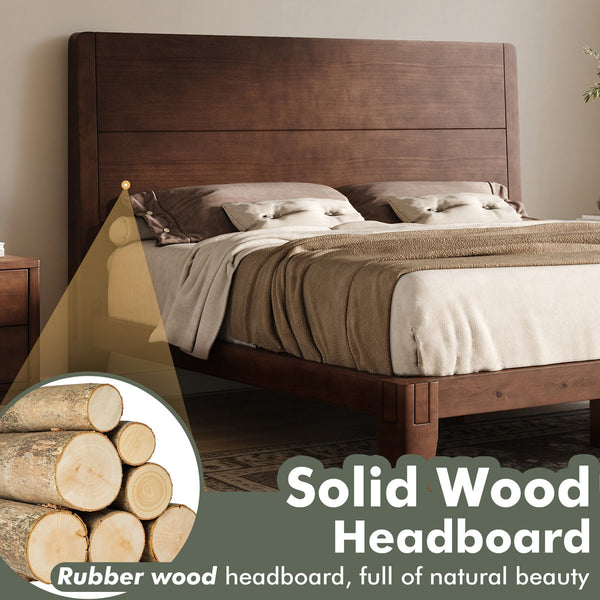 Solid Wood Full Platform Bed with Japanese Joinery & Panel Headboard, Walnut