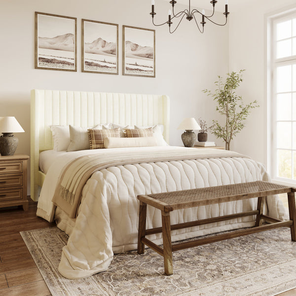 Candler Velvet Upholstered Platform Bed with Wingback Headboard and Wooden Slats