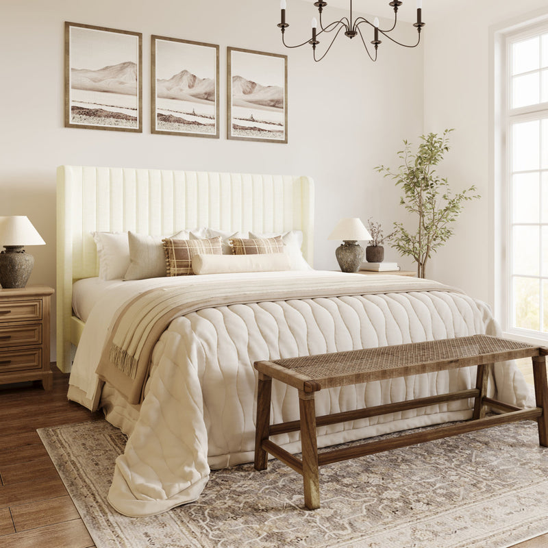 Candler Velvet Upholstered Platform Bed with Wingback Headboard and Wooden Slats