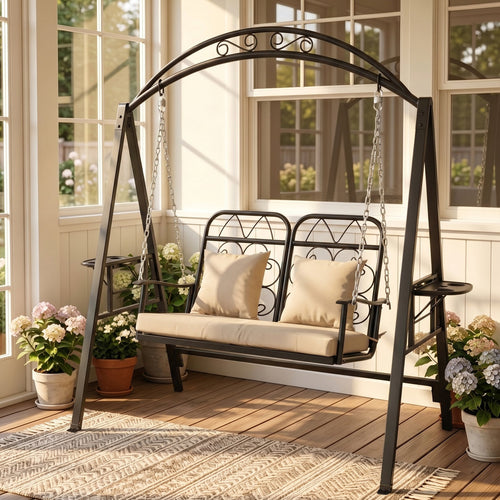 3-Person Outdoor Canopy Porch Swing Chair, Breathable Textilene Seat & Armrests, Adjustable Canopy Shade, Heavy-Duty Powder-Coated Steel Frame for Patio, Backyard, Poolside & Balcony, Beige