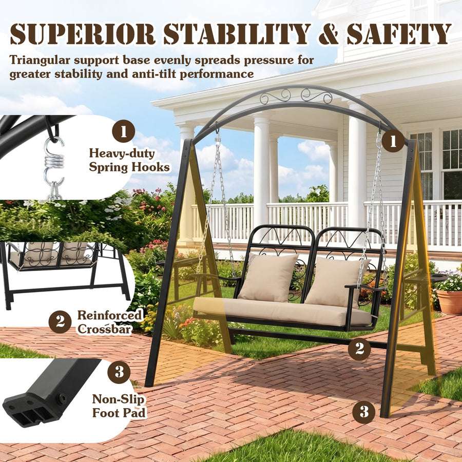 3-Person Outdoor Canopy Porch Swing Chair, Breathable Textilene Seat & Armrests, Adjustable Canopy Shade, Heavy-Duty Powder-Coated Steel Frame for Patio, Backyard, Poolside & Balcony, Beige
