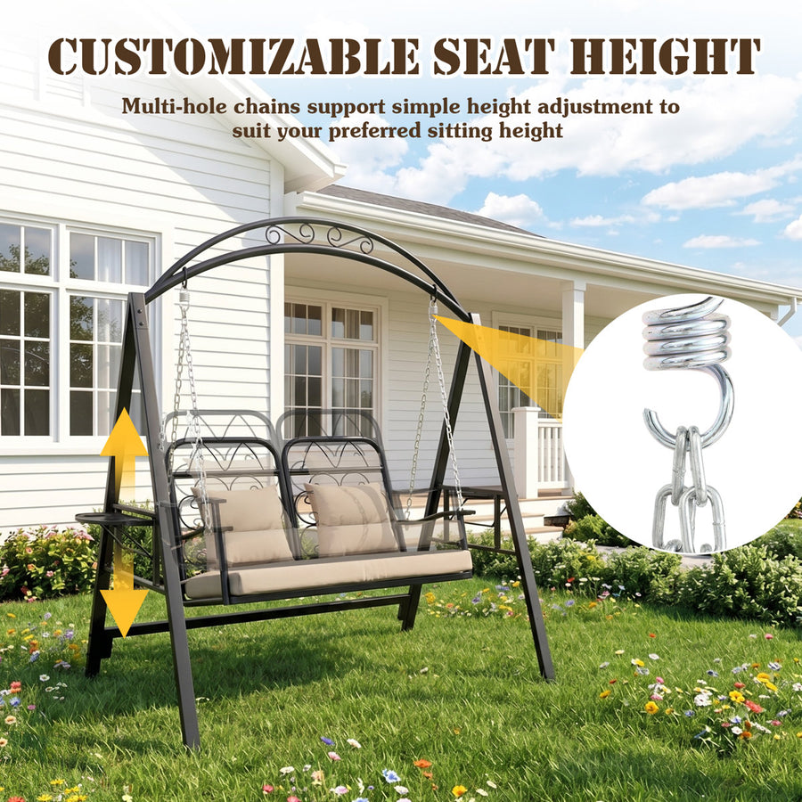 3-Person Outdoor Canopy Porch Swing Chair, Breathable Textilene Seat & Armrests, Adjustable Canopy Shade, Heavy-Duty Powder-Coated Steel Frame for Patio, Backyard, Poolside & Balcony, Beige