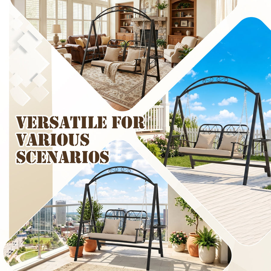 3-Person Outdoor Canopy Porch Swing Chair, Breathable Textilene Seat & Armrests, Adjustable Canopy Shade, Heavy-Duty Powder-Coated Steel Frame for Patio, Backyard, Poolside & Balcony, Beige