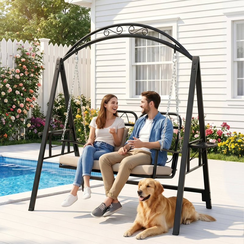 3-Person Outdoor Canopy Porch Swing Chair, Breathable Textilene Seat & Armrests, Adjustable Canopy Shade, Heavy-Duty Powder-Coated Steel Frame for Patio, Backyard, Poolside & Balcony, Beige