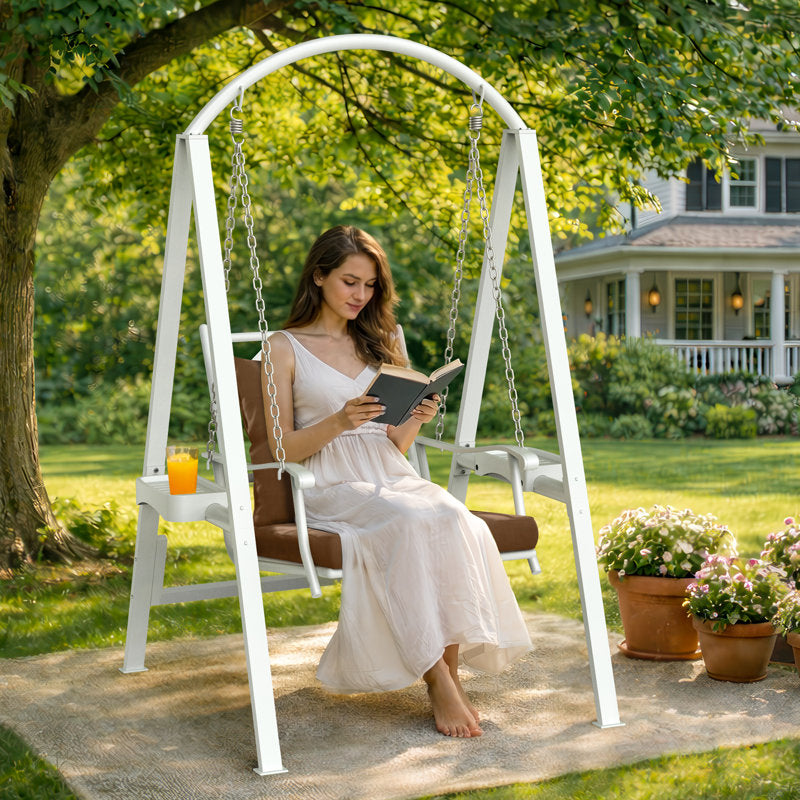 1 Person Porch Swing With Heavy-duty Metal Frame, Dual Side Trays And Adjustable Chains