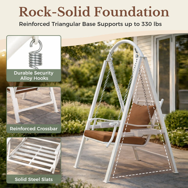 1 Person Porch Swing With Heavy-duty Metal Frame, Dual Side Trays And Adjustable Chains