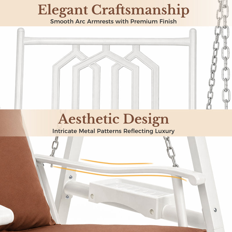 1 Person Porch Swing With Heavy-duty Metal Frame, Dual Side Trays And Adjustable Chains