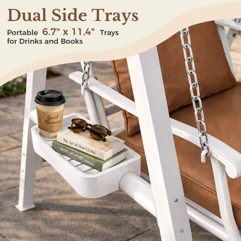 1 Person Porch Swing With Heavy-duty Metal Frame, Dual Side Trays And Adjustable Chains
