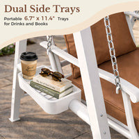 1 Person Porch Swing With Heavy-duty Metal Frame, Dual Side Trays And Adjustable Chains