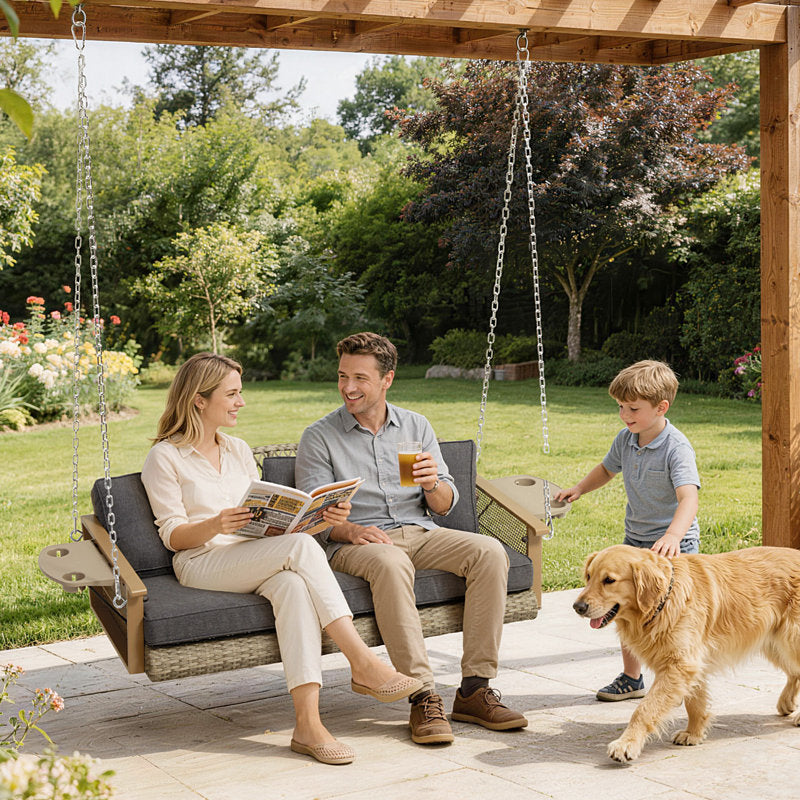 3-Seat Wicker Hanging Porch Swing With Cup Holders & Cushions, Heavy Duty Outdoor Patio Swing Bench With Chains For Porch, Patio, Backyard