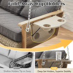 3-Seat Wicker Hanging Porch Swing With Cup Holders & Cushions, Heavy Duty Outdoor Patio Swing Bench With Chains For Porch, Patio, Backyard
