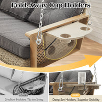 3-Seat Wicker Hanging Porch Swing With Cup Holders & Cushions, Heavy Duty Outdoor Patio Swing Bench With Chains For Porch, Patio, Backyard