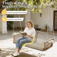 3-Seat Wicker Hanging Porch Swing With Cup Holders & Cushions, Heavy Duty Outdoor Patio Swing Bench With Chains For Porch, Patio, Backyard