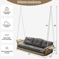 3-Seat Wicker Hanging Porch Swing With Cup Holders & Cushions, Heavy Duty Outdoor Patio Swing Bench With Chains For Porch, Patio, Backyard