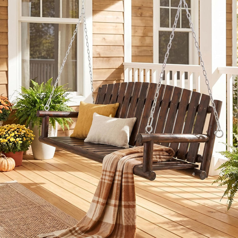 Wood Porch Swing, 3-Person Hanging Bench with Heavy-Duty Chains, 900 LBS Outdoor Swing Chair for Patio, Garden, Yard, Front Porch