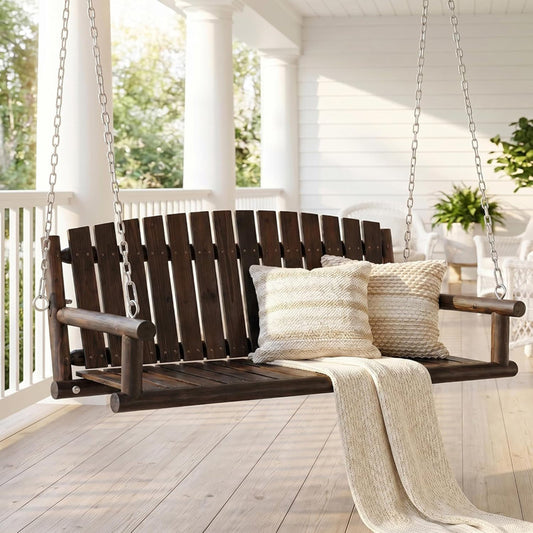 Wood Porch Swing, 3-Person Hanging Bench with Heavy-Duty Chains, 900 LBS Outdoor Swing Chair for Patio, Garden, Yard, Front Porch