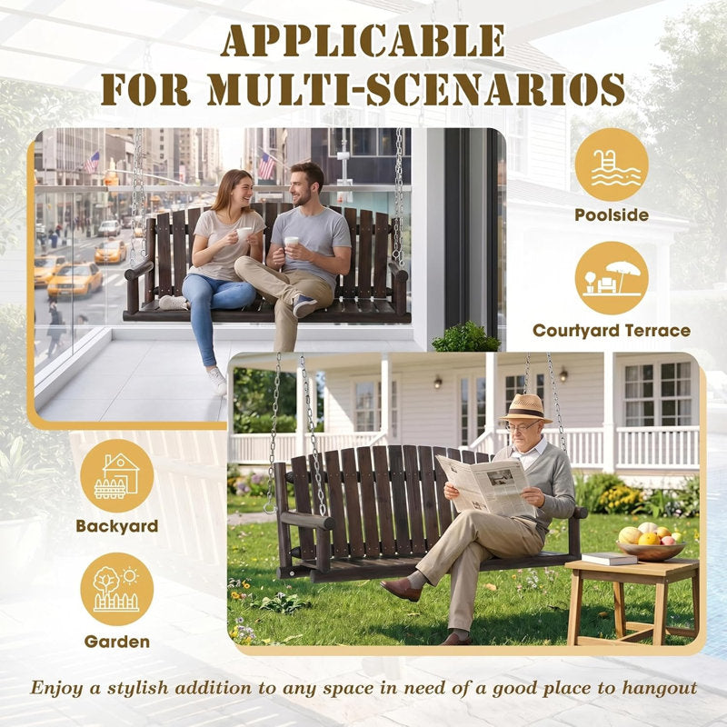 Wood Porch Swing, 3-Person Hanging Bench with Heavy-Duty Chains, 900 LBS Outdoor Swing Chair for Patio, Garden, Yard, Front Porch