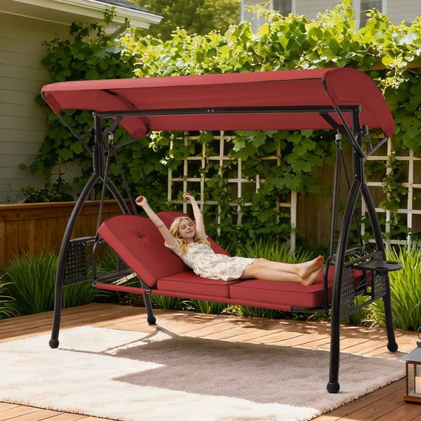 3 Seat Outdoor Porch Patio Swing With Adjustable Canopy, 3-In-1 Convertible Swing Bed With Cushion & Cup Holder For Adults, Yard Deck Garden