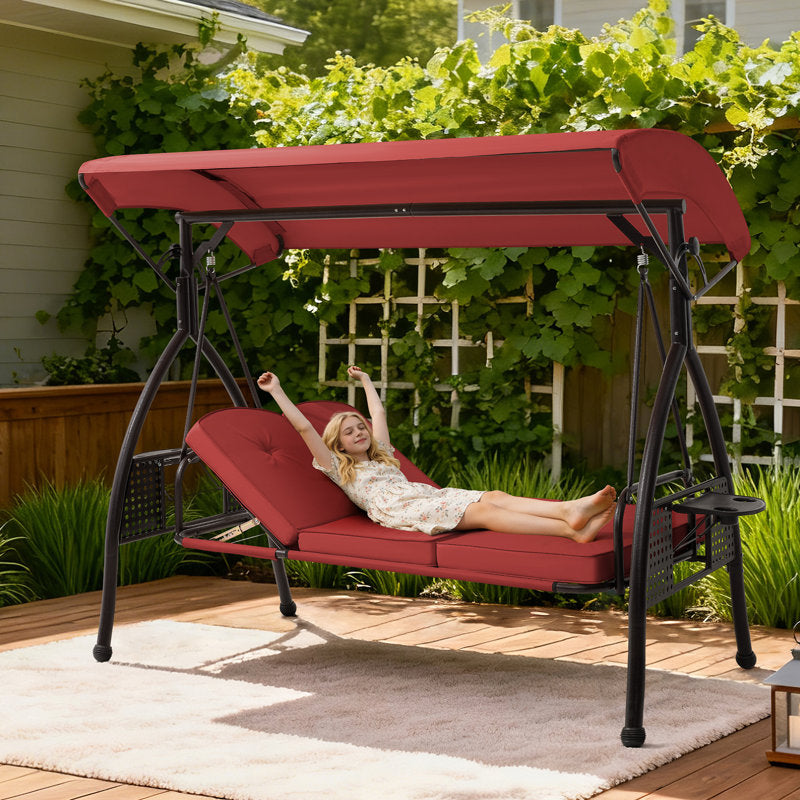 3 Seat Outdoor Porch Patio Swing With Adjustable Canopy, 3-In-1 Convertible Swing Bed With Cushion & Cup Holder For Adults, Yard Deck Garden